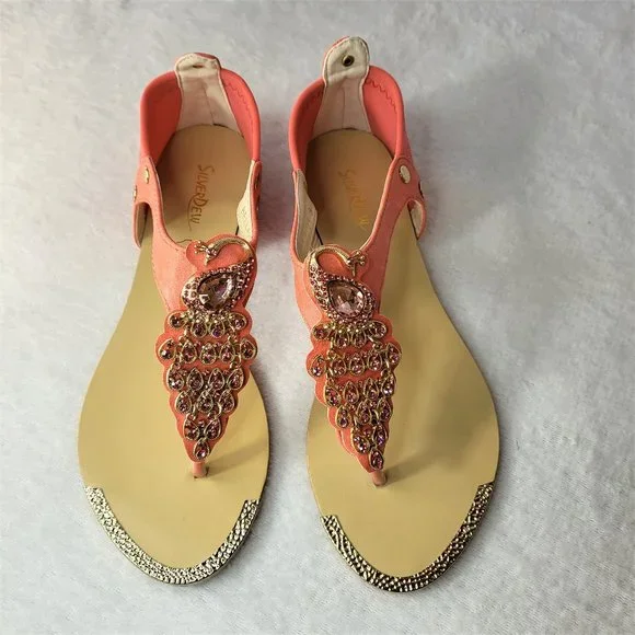 Coral Pink Summer Sandals Rhinestone Peacock Bird Thong Strap - Picture 2 of 9